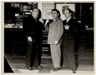 10 x 8 Glossy Publicity Photo From 1939, With Curly, Moe & Larry Standing in Front of a 3 Stooges Poster -- Label on Verso Reads on tour in Fallriver, Mass. -- Very Good Plus Condition